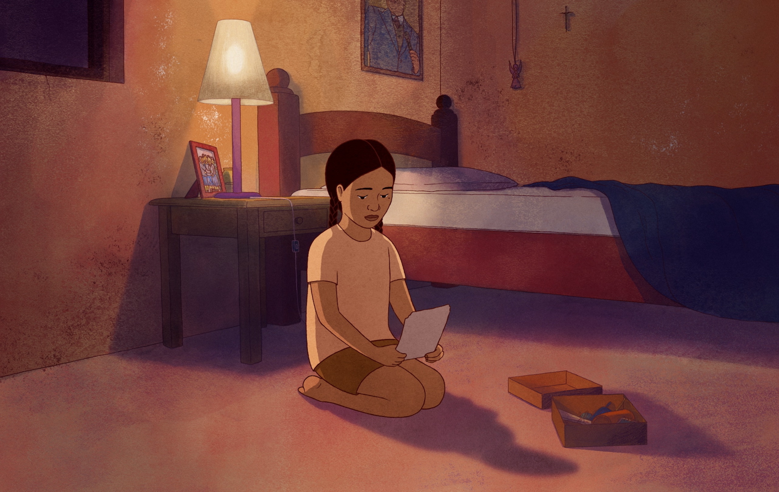 A child sits on the floor in a dimly lit bedroom, holding a piece of paper, with boxes containing small items nearby.