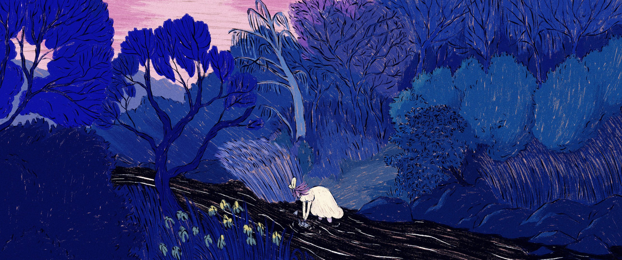 A figure in a white dress kneels by a winding, dark path adorned with yellow flowers, surrounded by deep blue trees at dusk.