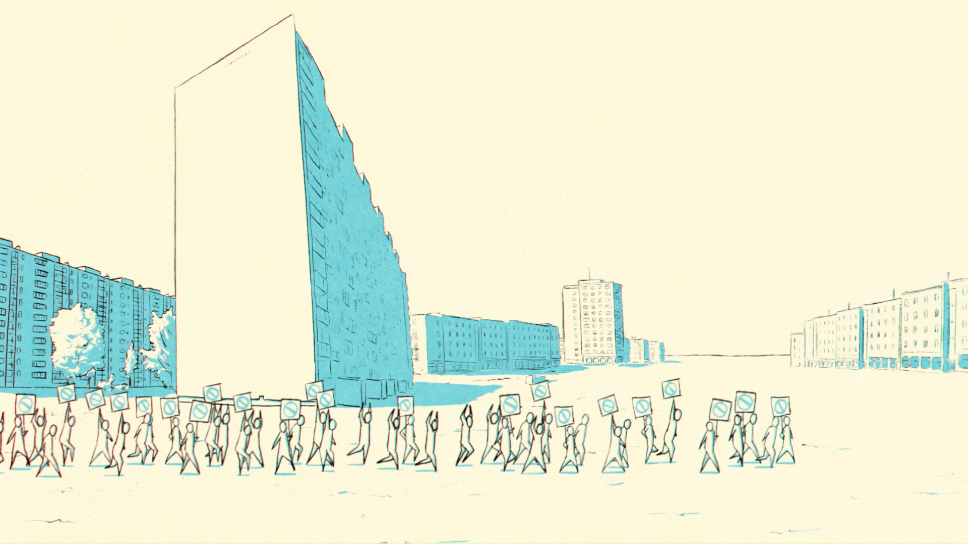 Een groep stokfiguren marcheert in een stadslandschap met protestborden in de hand, hoge gebouwen op de achtergrond en bomen in de buurt.