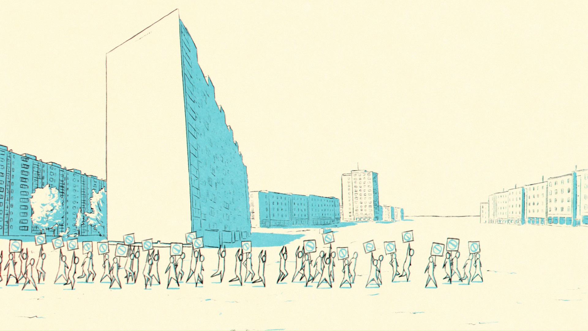 A group of stick figures marches in a cityscape, holding protest signs, with tall buildings in the background and trees nearby.