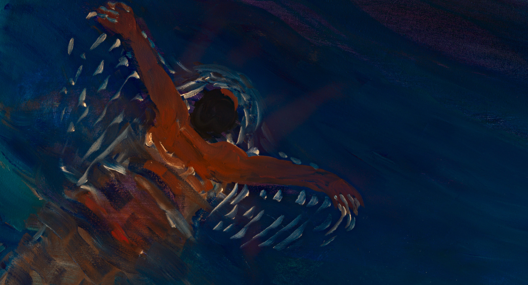 A swimmer with outstretched arms glides through deep blue waters, surrounded by swirling waves and hints of light.