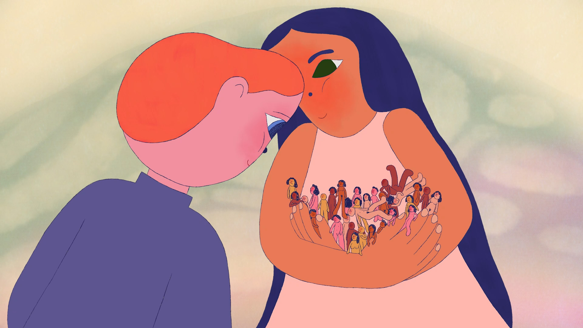 A pink-skinned character with orange hair leans towards a dark-haired, brown-skinned character holding small figures in her arms.