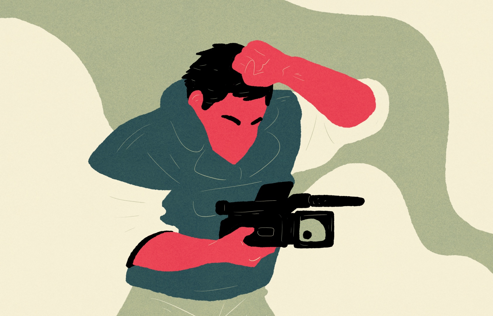 Animatie van een man die een videocamera vasthoudt en zijn vuist omhoog houdt